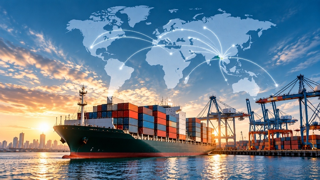 Global Export Logistics: Container Cargo Vessel, Port Gantry Cranes, and Connected World Trade Routes from Bangladesh