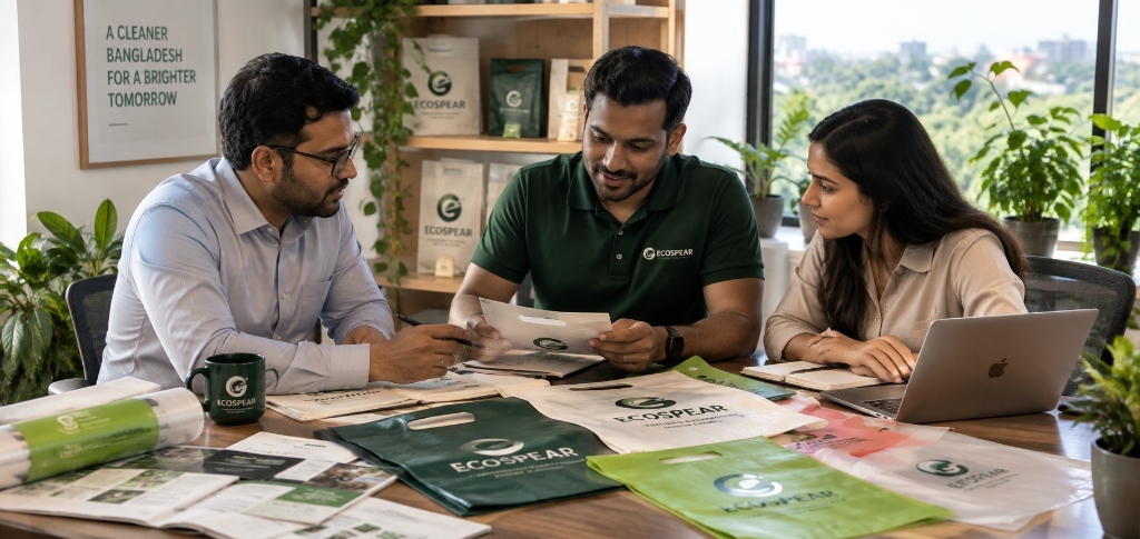 ECOSPEAR technical and commercial team discussing compostable packaging solutions