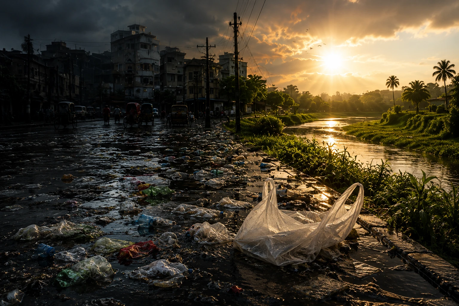 Flooded Street & Sunset River in Bangladesh