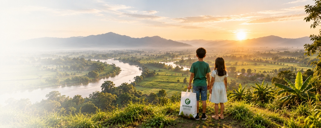 Cinematic green landscape with children holding ECOSPEAR bag
