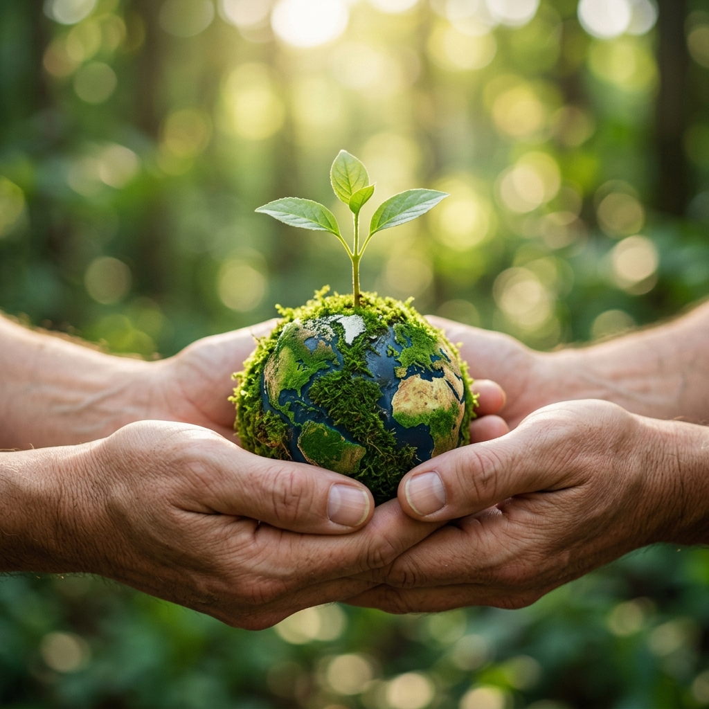 Living green moss globe with seedling representing certified packaging returning to nature