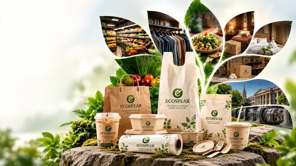 ECOSPEAR certified home-compostable packaging across multiple industries: grocery, garments, food takeaway, e-commerce, and industrial