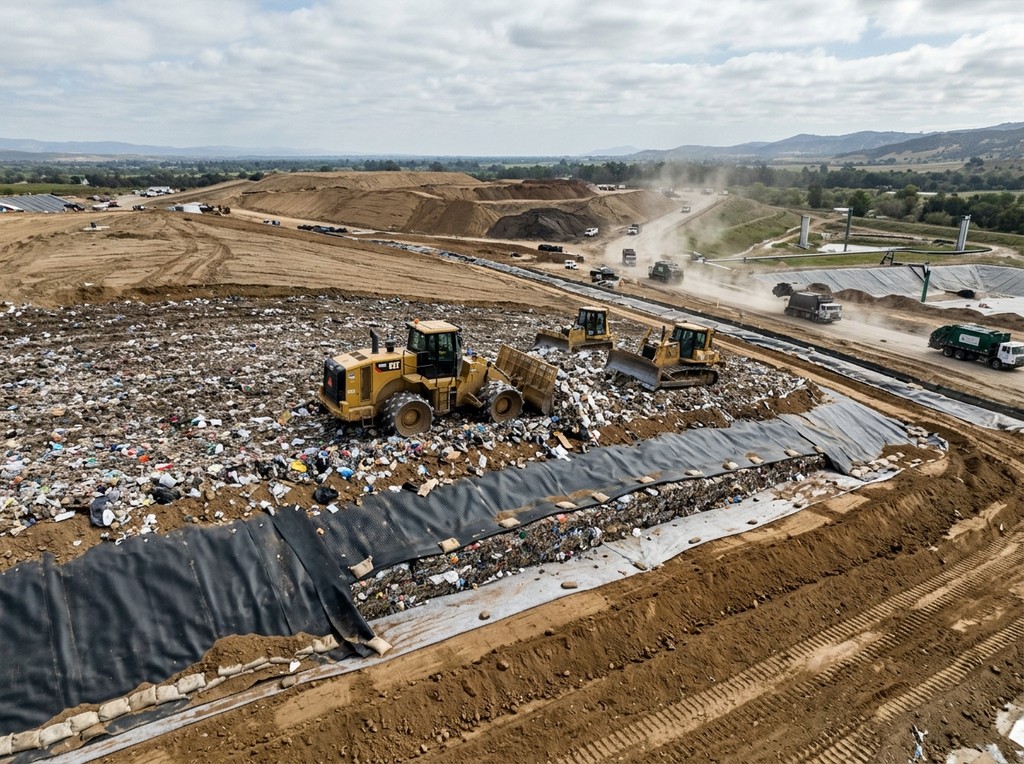 Landfill site with anaerobic waste compacting