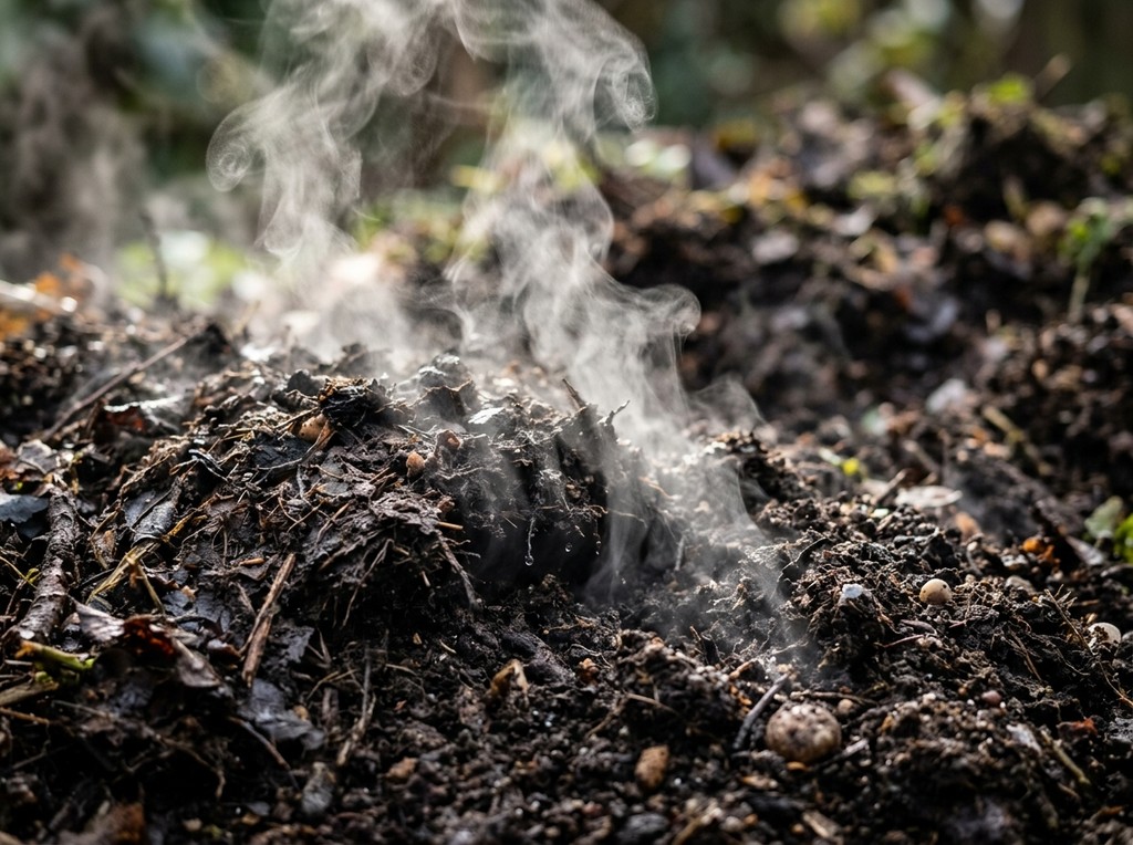 Thermophilic heat and steam rising from compost
