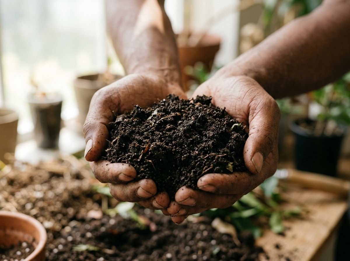 Hands holding rich dark fertile compost soil