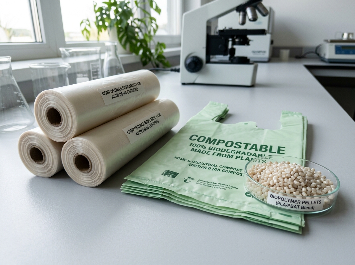 Compostable plastic packaging rolls, films and resin pellets