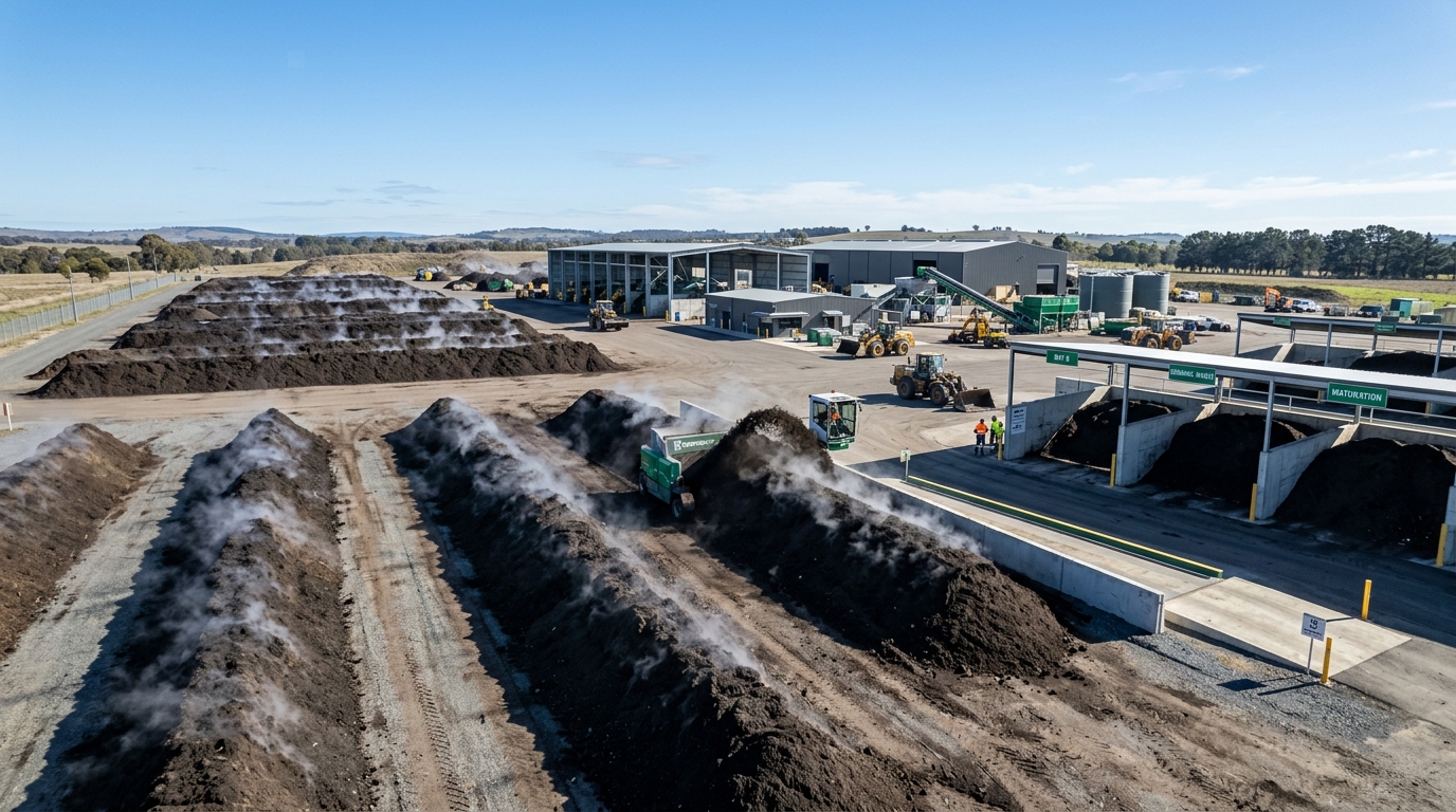 Industrial municipal aerobic composting facility windrows