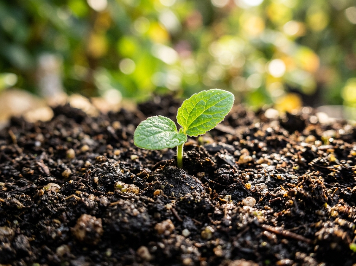 Vibrant seedling growing in dark compost soil