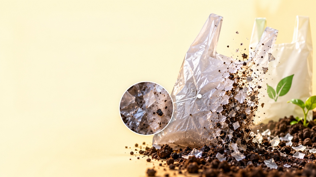 Oxo-degradable plastic bag fragmenting into microplastic shards in soil