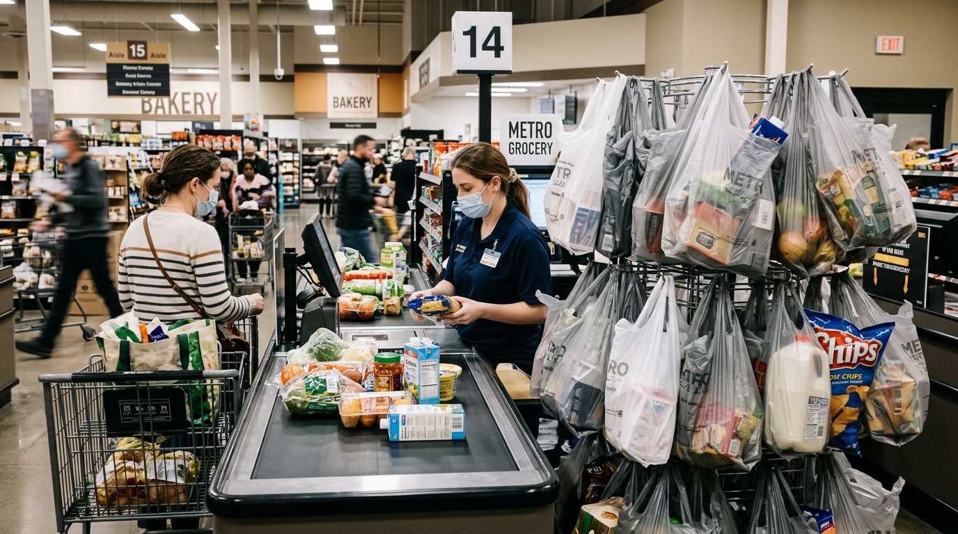 Busy supermarket checkout lanes