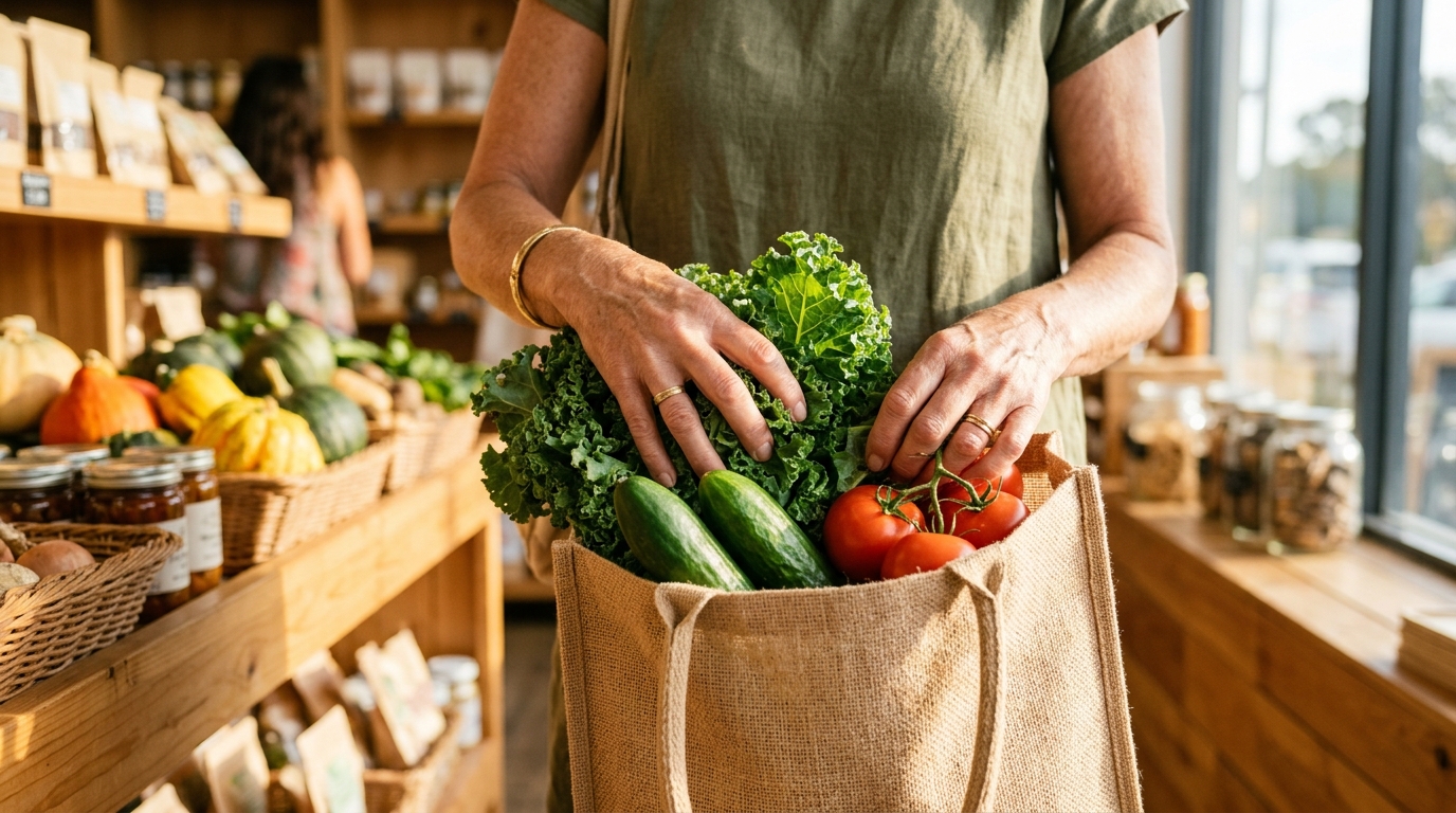 Conscious shoppers selecting fresh groceries
