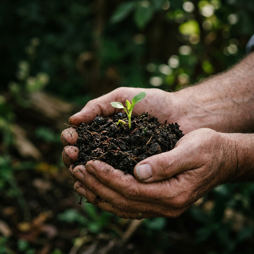 Hands holding green seedling