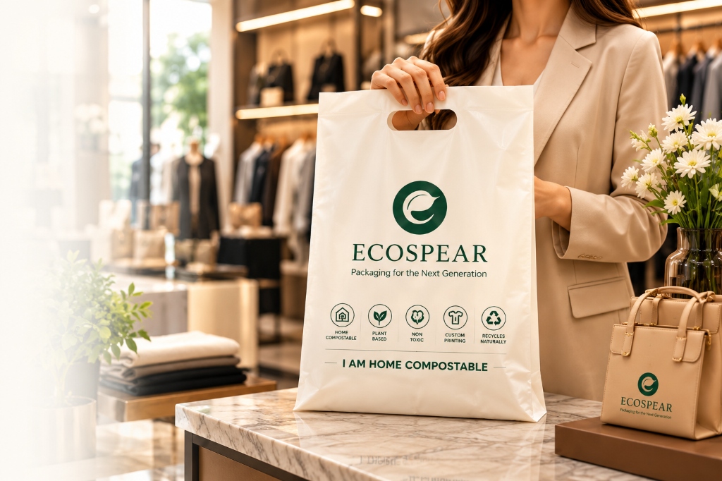 Customer holding Ecospear Home-Compostable D-Cut bag in luxury lifestyle boutique