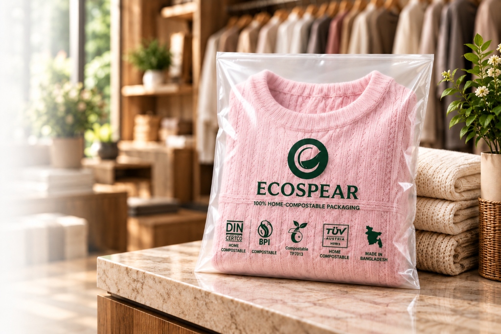 Home-Compostable Garment Poly Bag in premium apparel boutique