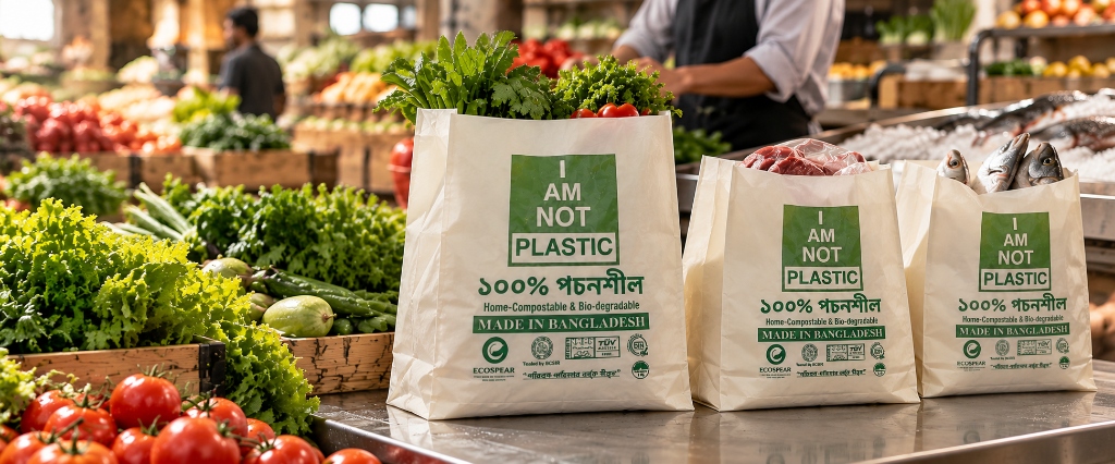 Ecospear Home-Compostable Grocery Bags in Gourmet Food Market