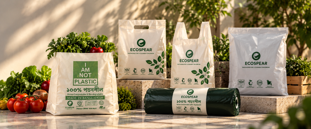 ECOSPEAR complete home-compostable product family: Grocery Bag, D-Cut Bag, T-Shirt Bag, Garment Poly Bag, and rolled Garbage Bags
