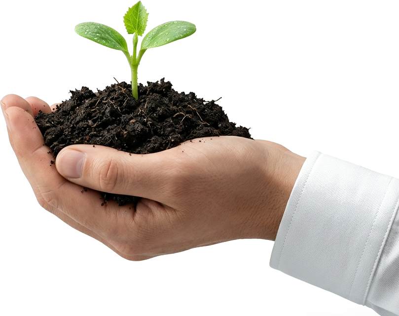 Hands holding a compostable seedling in fertile soil